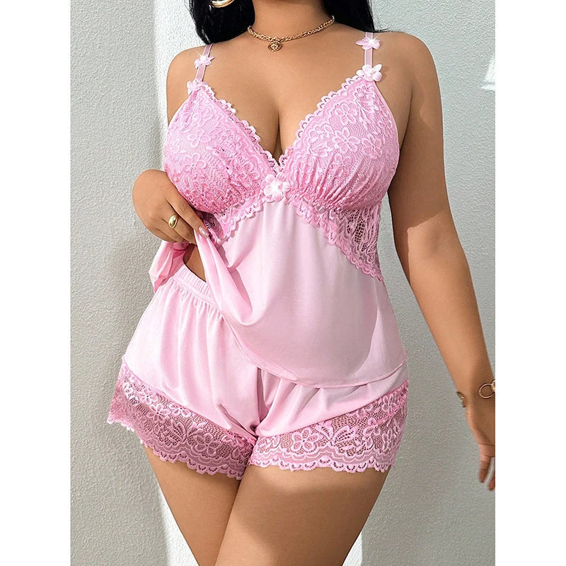 Plus Size Lace Trim Satin Sleepwear Set Deep V Neck Strap Design Home Comfortable Cool Sensual Underwear Ensemble for plus Size