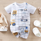 IURNXB Baby Romper Infant's Engineering Car Print Faux Two-piece Bodysuit Casual Short Sleeve Onesie Newborn Clothing 0-18M
