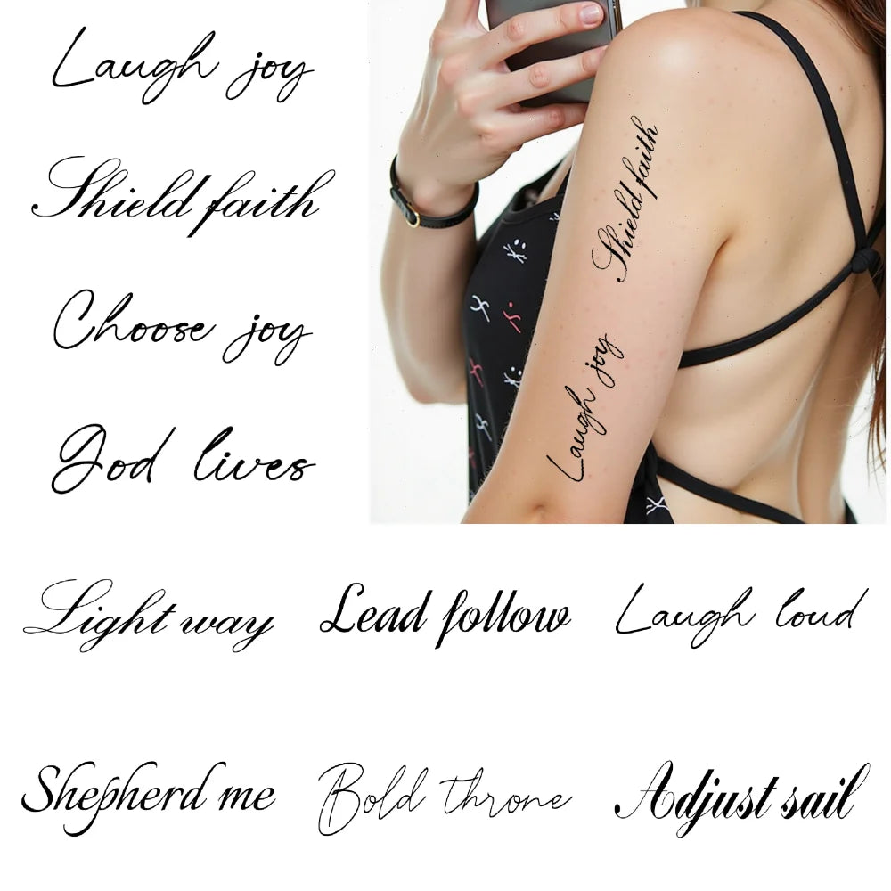 Tattoo Stickers English Word Waterproof Long Lasting Realistic Transfer Temporary Black Letters Feather Body Art For Men Women