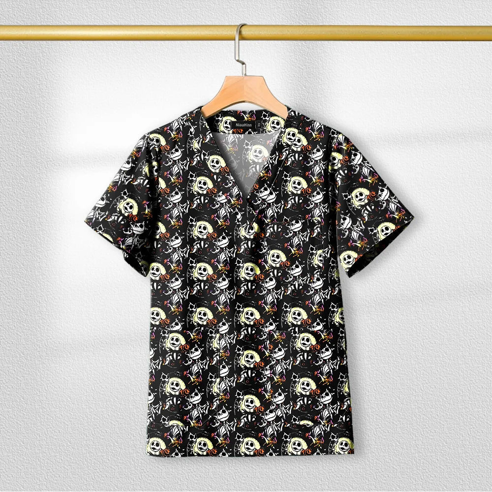 Short Sleeve V Neck Print Christmas Uniform Nursing Tops Male Scrub Nurse Working Uniforms T-Shirts Workwear Women Beauty Scrubs