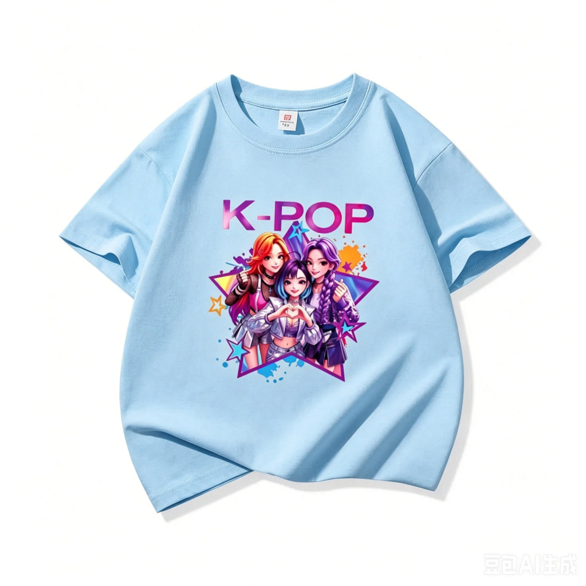 Girls K-POP Idol Group Print Short Sleeve T-Shirt Cute Cartoon Graphic Tee Kids Summer Casual Top