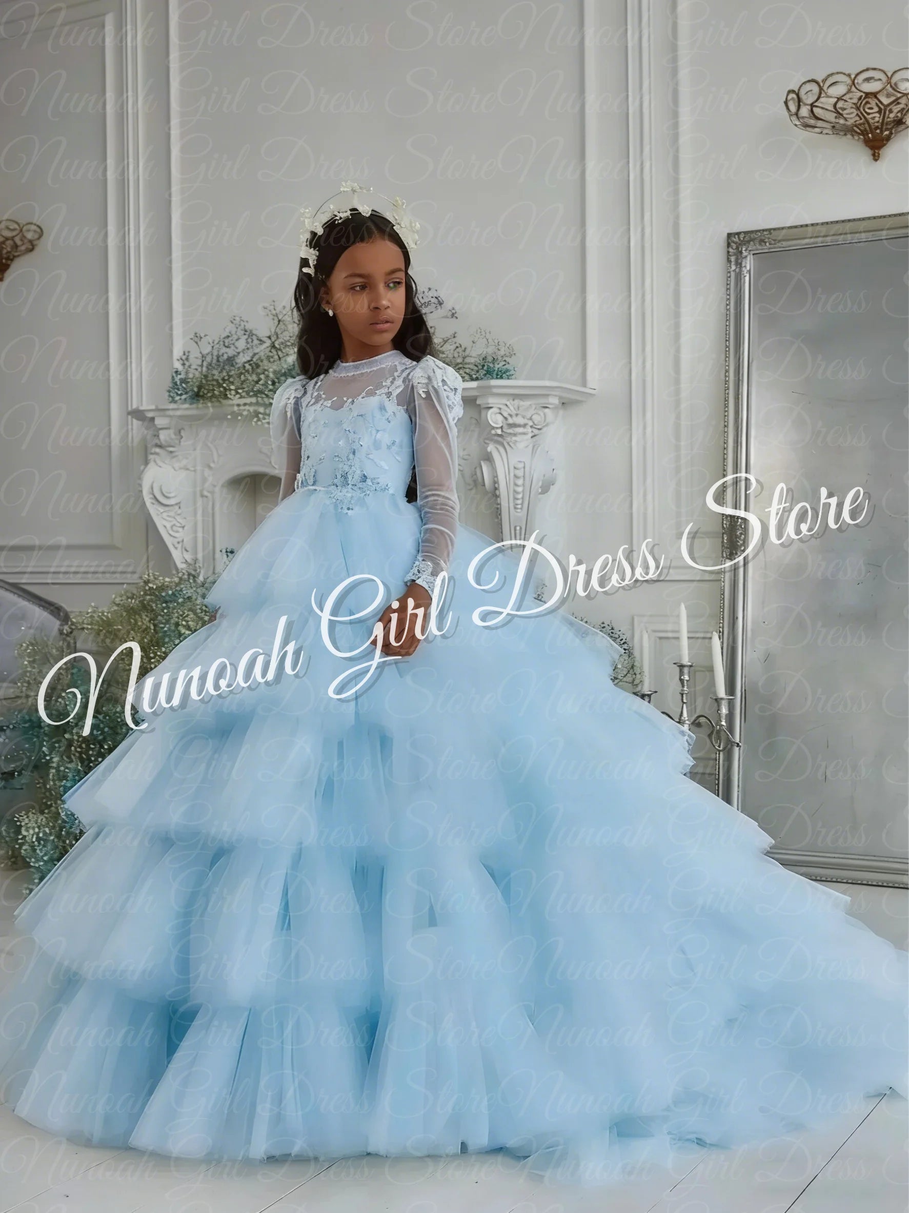 Customized White Flower Girl Dresses Tulle Tiered Flory with Tailing Long Sleeve for Wedding Birthday Party First Communion Gown