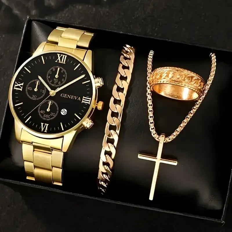 4Pcs/set Luxury Men Business Quartz Watch stainless steel Roman Calendar Wrist Watch Cross Necklace Bracelet Ring Set Men's Gift