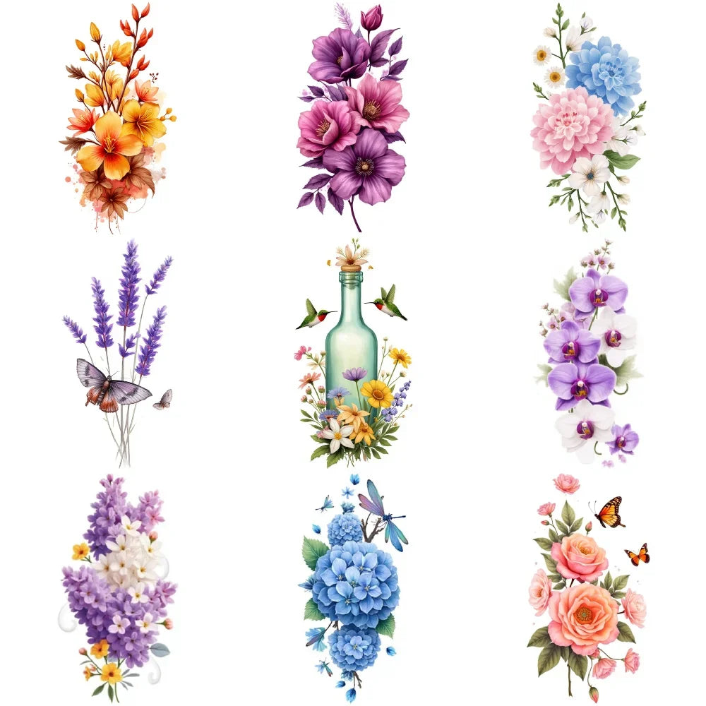 9pcs Colorful Flower Temporary Tattoos Stickers 3D Disposable Body Arm Tatoo Sticker Men Women Waterproof Fake Tatoos