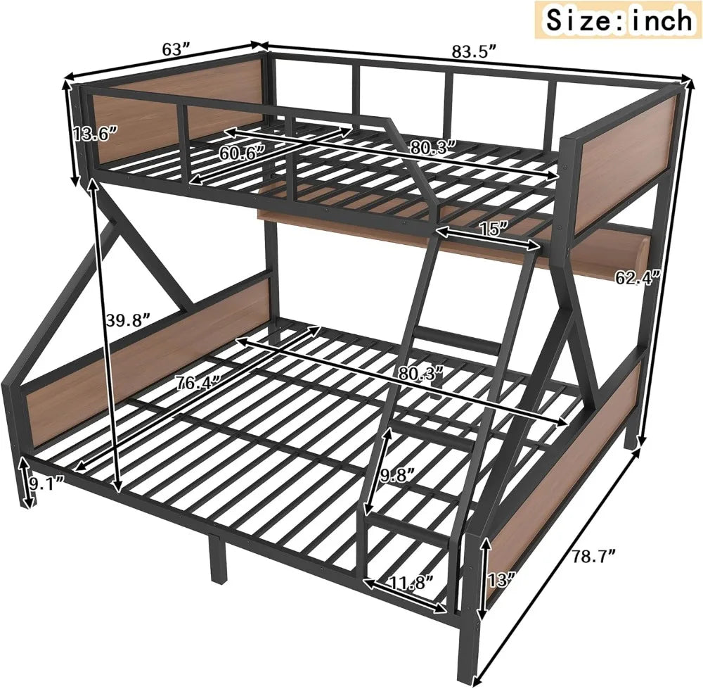 Queen Over King Bunk Bed w/ Storage Shelves, Metal Frame, LED Lights, Heavy Duty, No Box Spring, Black