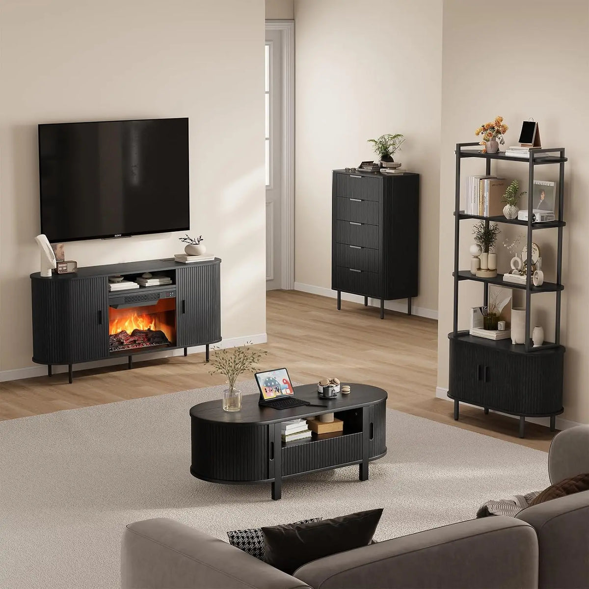 ONBRILL 63" Fluted Electric Fireplace TV Stand w/23" LED Flame Heater for Living Room, Media Console Storage Cabinet