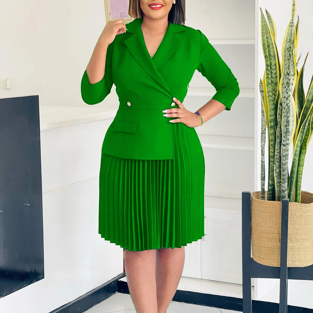 Elegant Dresses for Women Blazer Turn Down Collar Pleated Modest Church Office Ladies Work Wear Female African Slim Autumn New