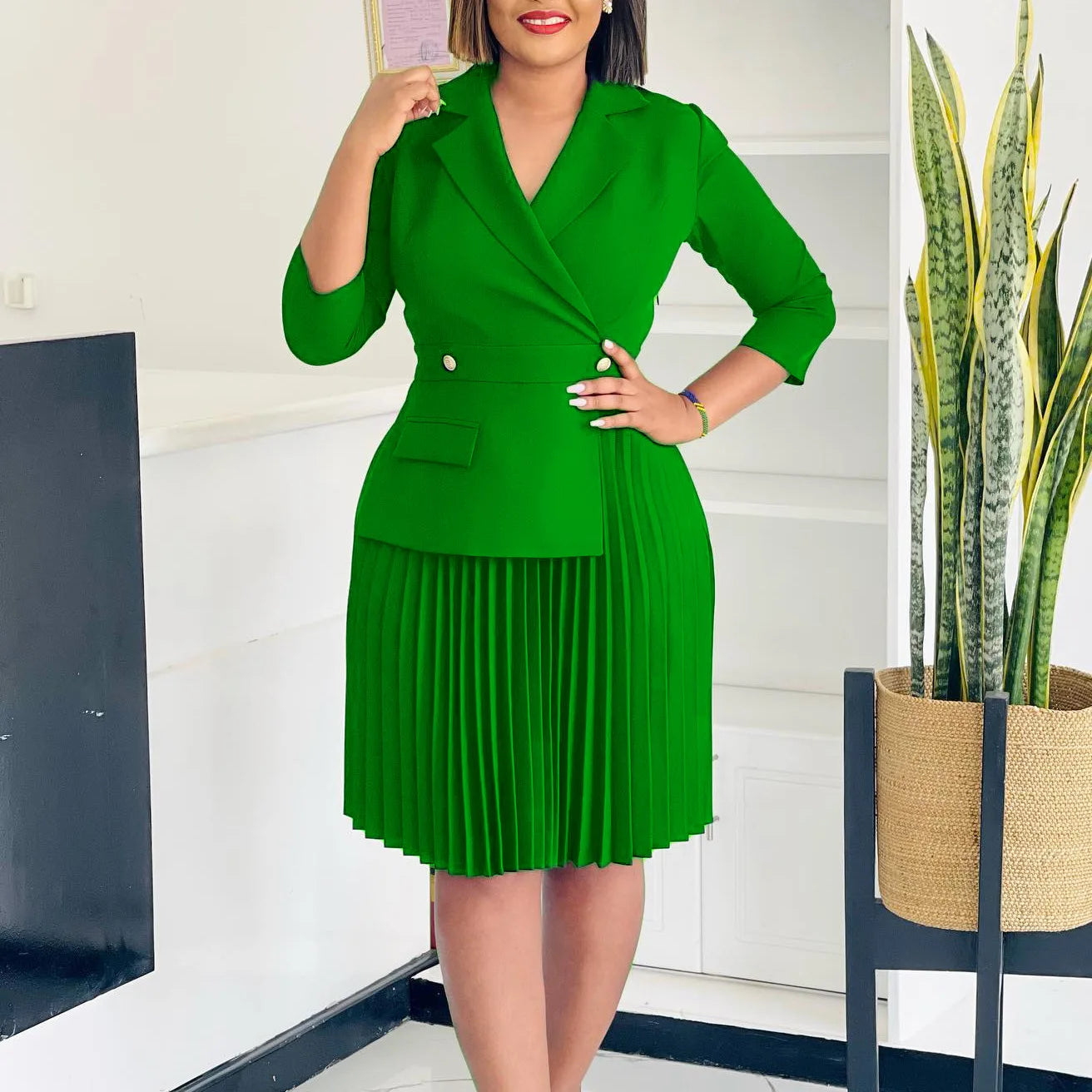 Elegant Dresses for Women Blazer Turn Down Collar Pleated Modest Church Office Ladies Work Wear Female African Slim Autumn New