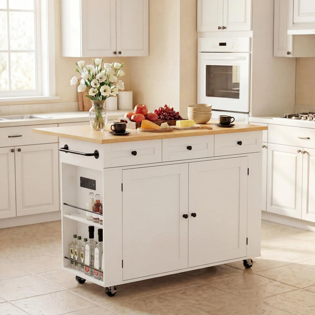 47.2 Inch Rolling Kitchen Island With Drop Leaf, Charging Station, Locking Wheels, Pull-Out Shelves, Drawers, Spice Rack & Storage