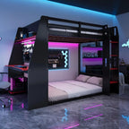 Twin Size Bunk Bed with Gaming Desk,USB and LED Light, Black+Red, Customized