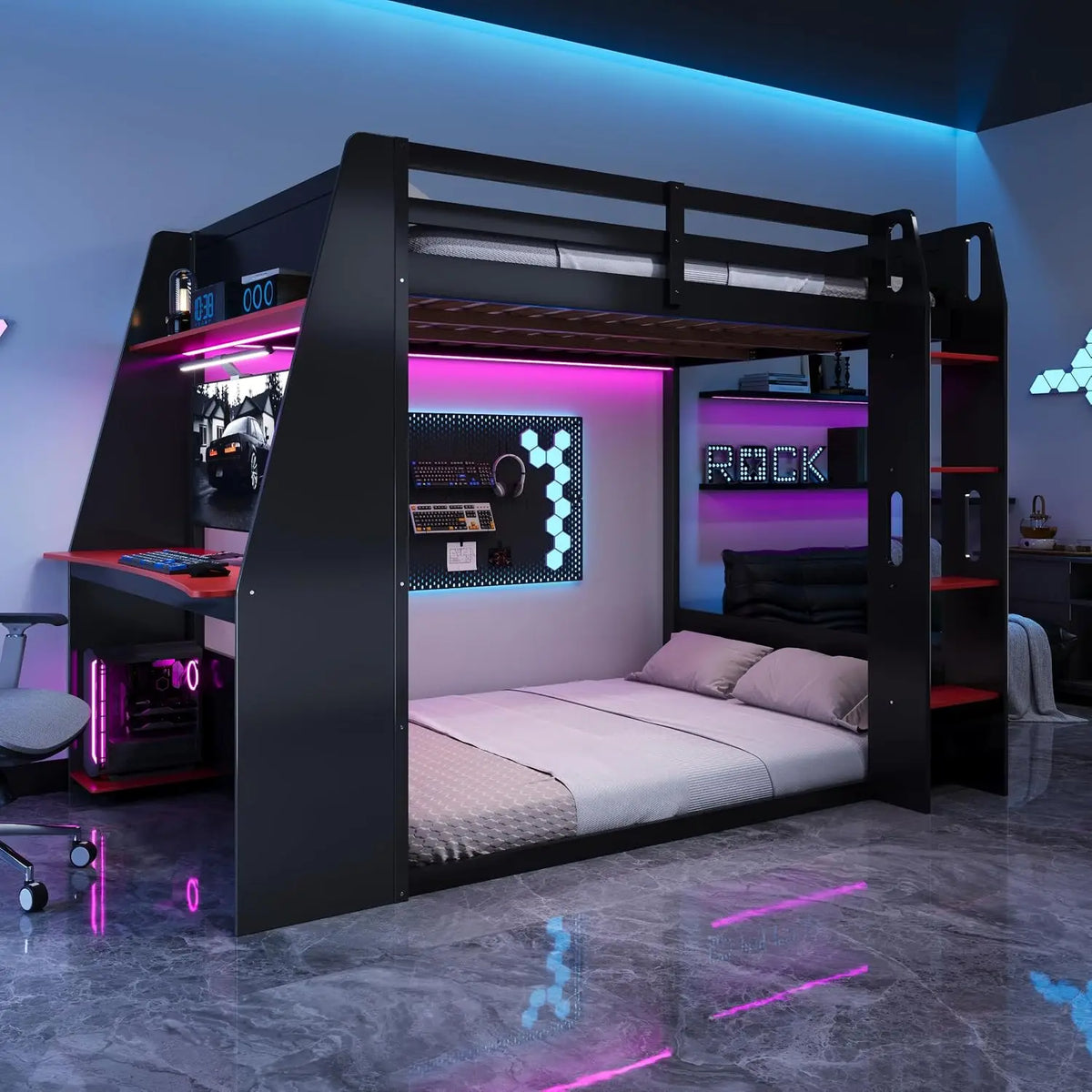 Twin Size Bunk Bed with Gaming Desk,USB and LED Light, Black+Red, Customized