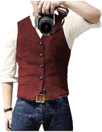 V Neck Men's Suits Vest Casual Classic Formal Business Herringbone Tweed Slim Fit Waistcoat For Wedding Groomsmen