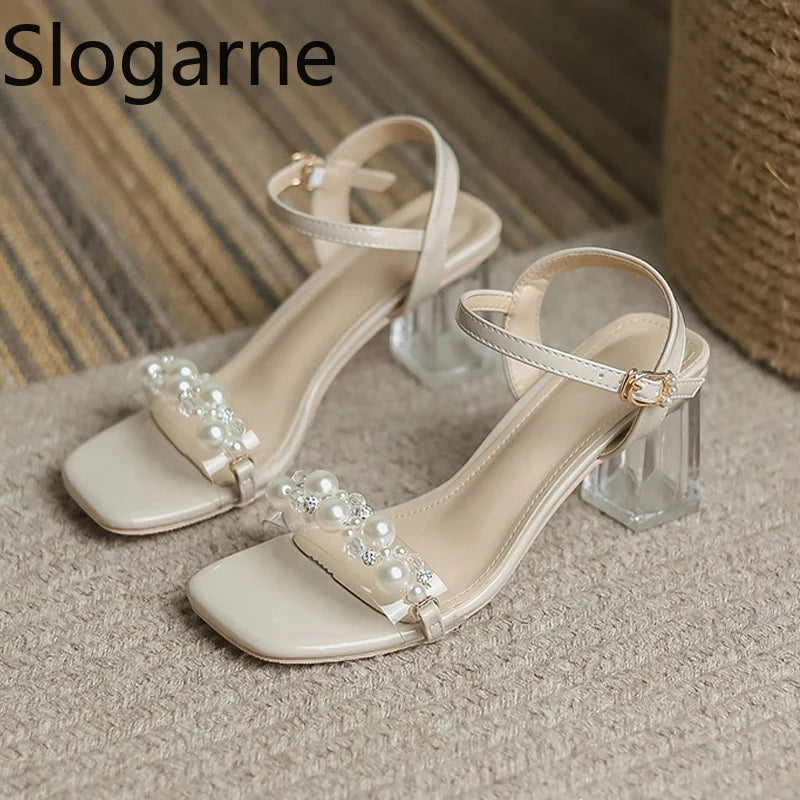 Summer Fahsion Sandals Women 2026 New Pearl High Heels Slippers Girls Crystal Heel Summer Shoes Trendy Slides Transparent Sandal