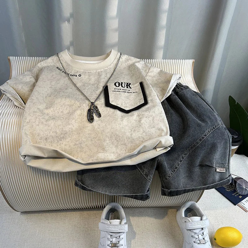 Boys' Summer 2pcs/Set 2026 New Handsome Children's Short sleeved T-shirt Kids Baby Workwear Shorts Two piece Set Trendy 2-8Years