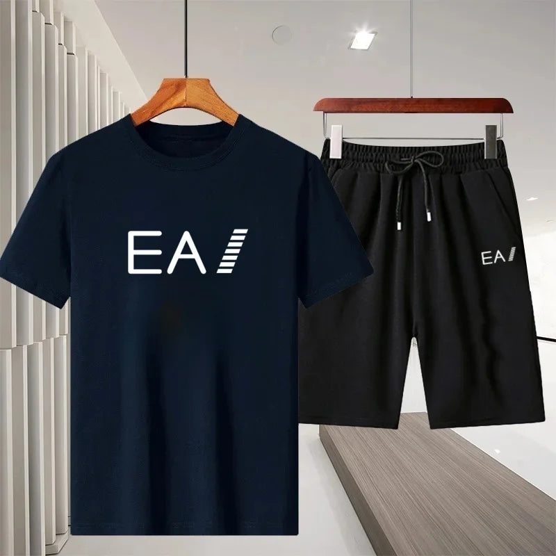 2026 Summer New Men Crew Neck Short Sleeve T-Shirt Sports Shorts 2 Piece Set Breathable Quick Dry Comfortable Casual Fitness