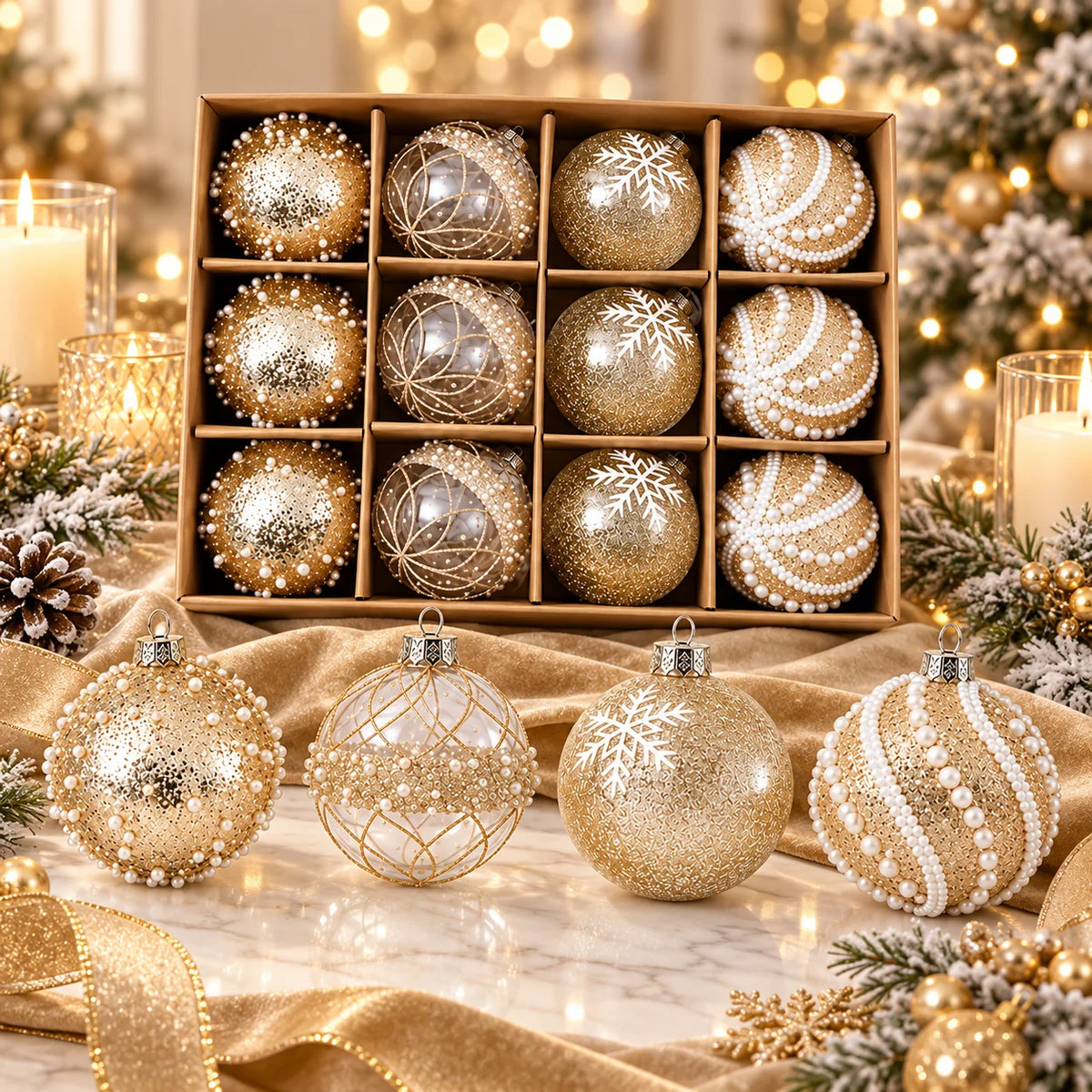 12Pcs 8cm Champagne Gold Clear Christmas Ball Ornaments 4 Styles Glitter Pearl Snowflake Shatterproof Xmas Tree Hanging Decor