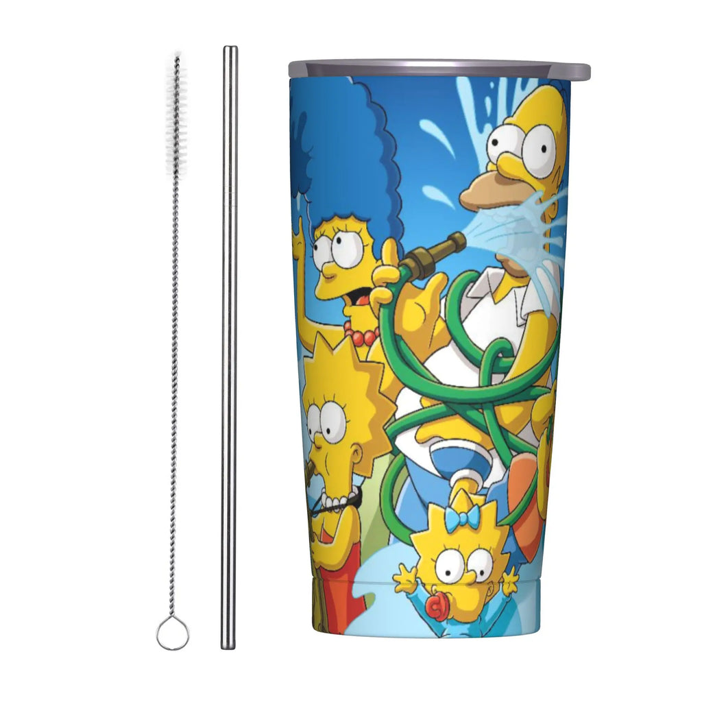 Simpsons Cartoon Tumbler Vacuum Insulated  Thermal Cup with Lid Straw Smoothie Tea Mugs Spill Proof