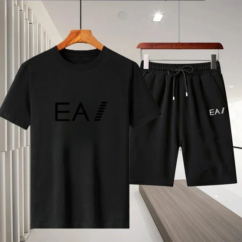 2026 Summer New Men Crew Neck Short Sleeve T-Shirt Sports Shorts 2 Piece Set Breathable Quick Dry Comfortable Casual Fitness