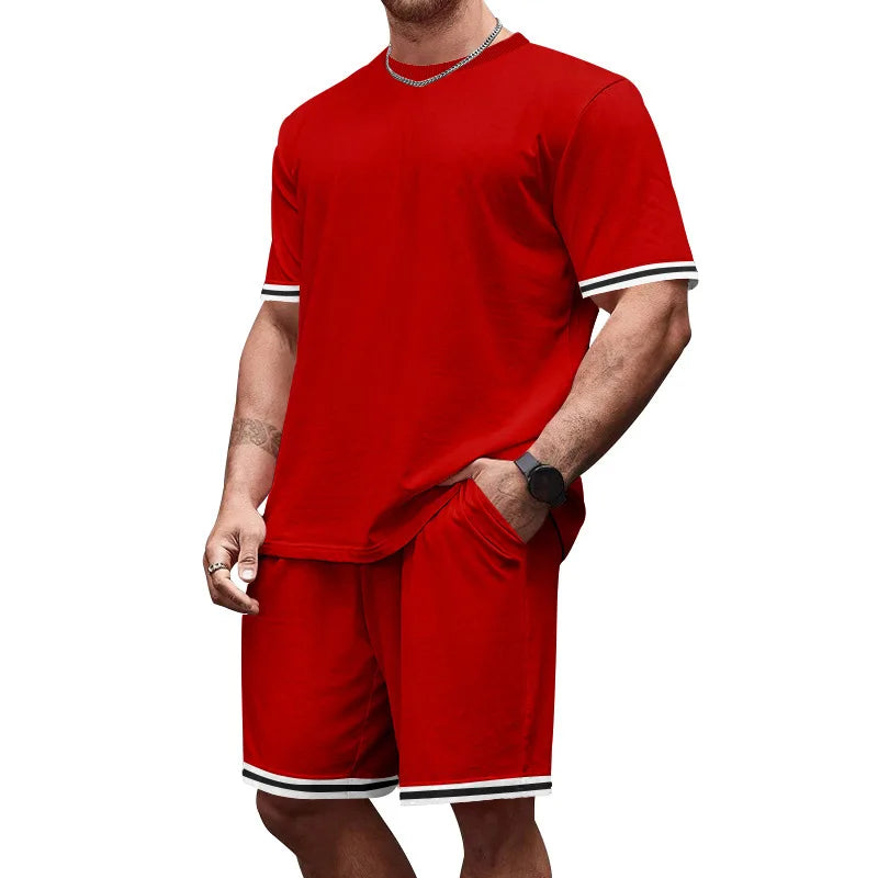 2026Men's Summer Tracksuit Solid Loose Casual Round Neck Short Sleeve T-shirts Shorts Two Piece Sets for Men Gym Clothing Sets