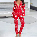 Women's Long Sleeve Christmas Jumpsuit Pajamas V Neck Christmas Themed Print Bodysuit Sleepwear with Drop Seat Butt Flap
