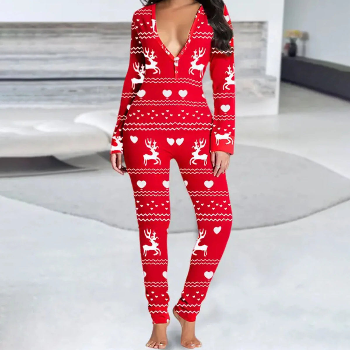 Women's Long Sleeve Christmas Jumpsuit Pajamas V Neck Christmas Themed Print Bodysuit Sleepwear with Drop Seat Butt Flap