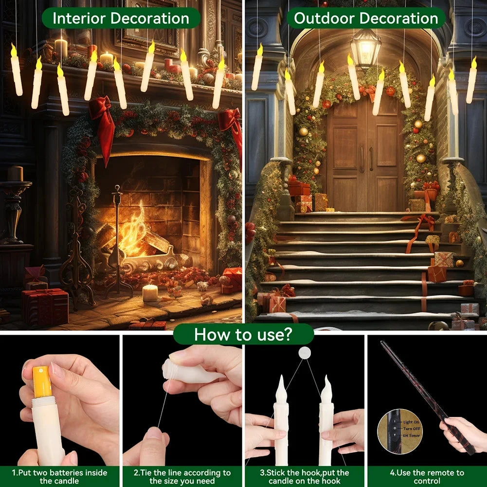 12/48 PCs  LED Floating Candles with Magic Wand Remote Flameless Flying Candle Flickering Warm Light for Halloween Holiday Decor