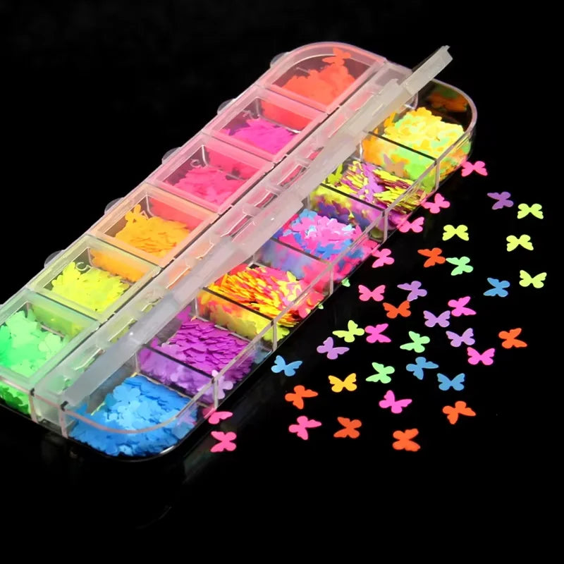 Holographic Sweet Love Heart Nail Art Glitter Sequins Shining Laser Fluorescence Star Butterfly 3D Nails Decorations Accessories