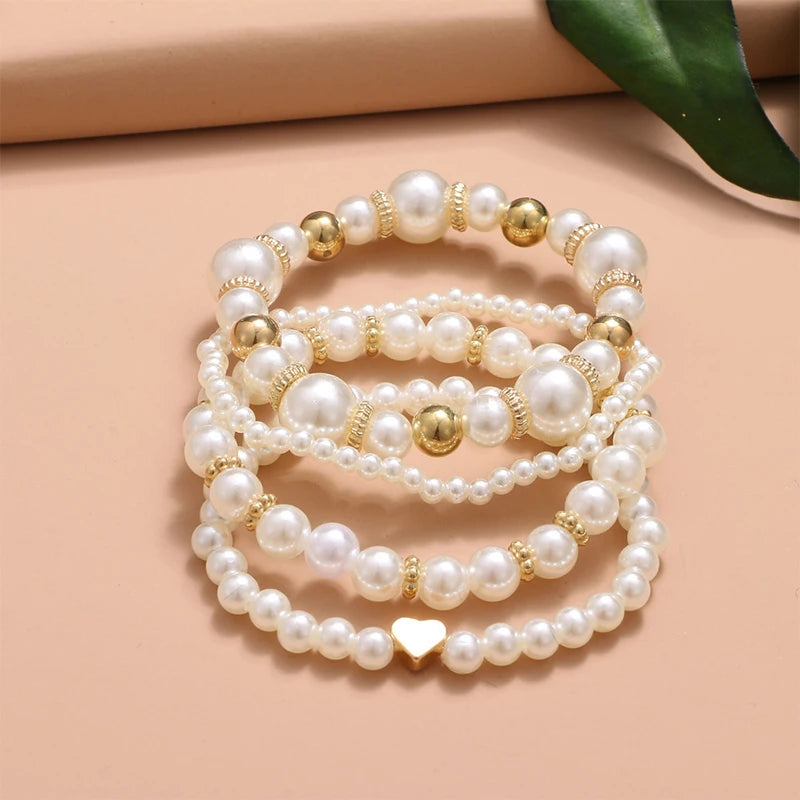4Pcs Trendy Pearl Love Beaded Bracelet Set For Women Beads Adjustable Elastic Chain Bangle Female Luxury Party Jewelry Gift