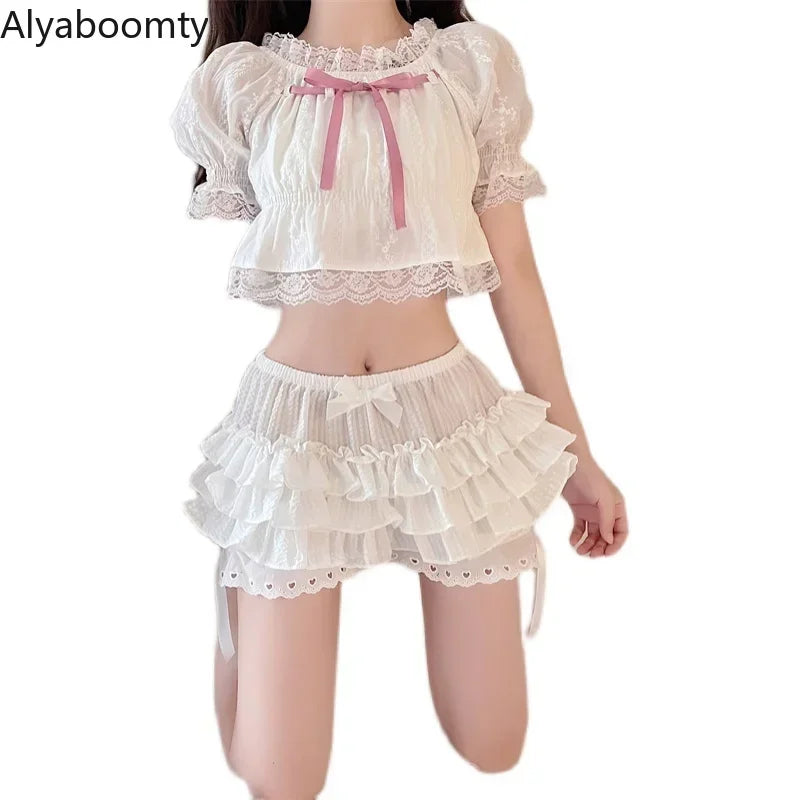 Japanese Summer Women Lolita Shorts High Waist Black White Bow Layered Ruffles Bloomers Cute Kawaii Hollow Out Ball Gown Shorts