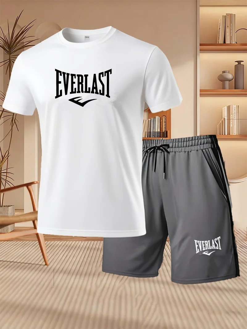 Men's Summer Running Breathable Sportswear, Short Sleeved T-shirt+printed Shorts Two-piece Set, Casual/fitness/home 2-piece Set