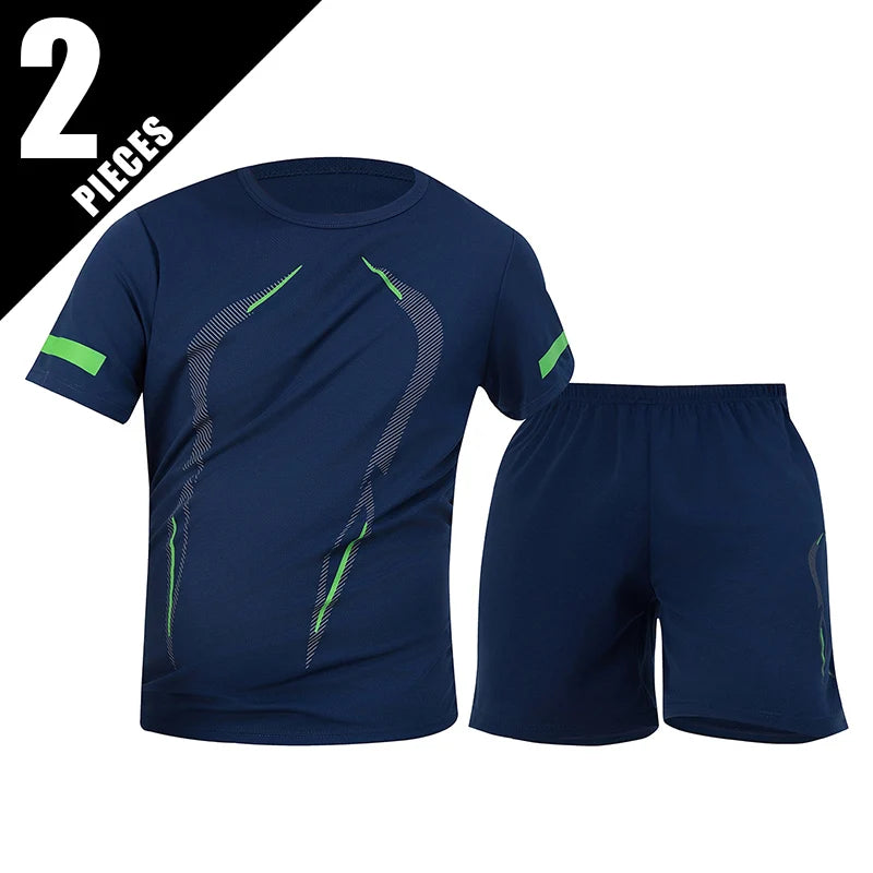 2-Piece Four Seasons Men's Short Sleeve Set Printed Quick Drying T-shirt for Youth Sports Fitness Running Comfortable and Casual
