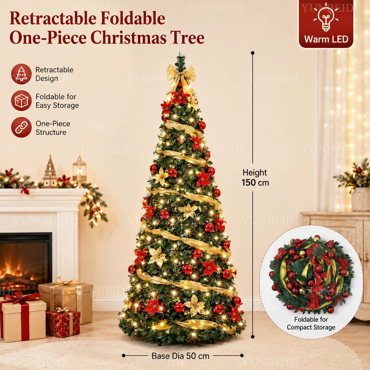 Foldable Christmas Tree with LED Lights Decoration Accessories Integrated Artificial Christmas Tree 1.5M To 2.1M for Home Decor
