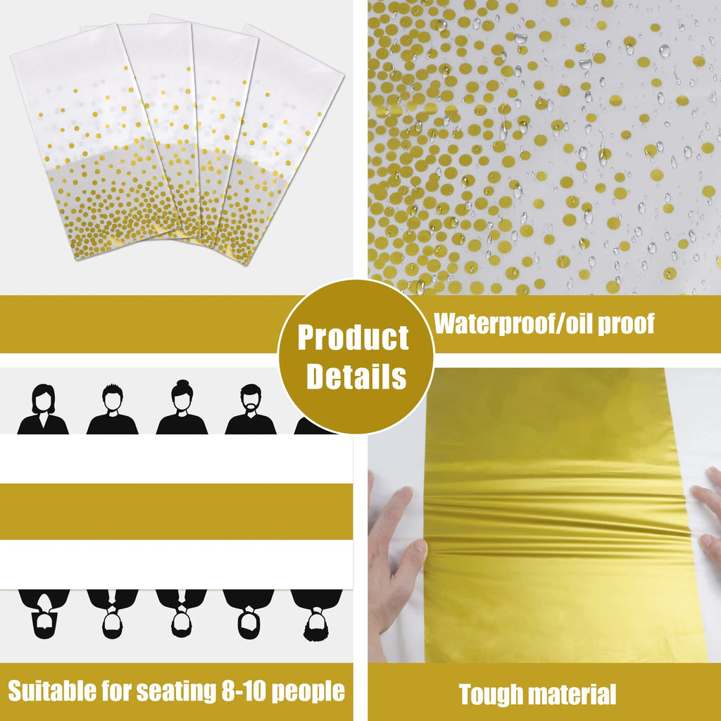 White Plastic Disposable Tablecloth Rectangle Party Table Cover Gold Dot Waterproof Table Cloth for Wedding Birthday Party Decor