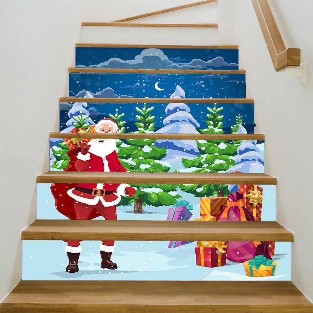 6PCS Christmas Staircase Background Cloth Xmas decoration 2025 Xmas Santa Claus tree snowman Navidad Natal New Year Gift 2026