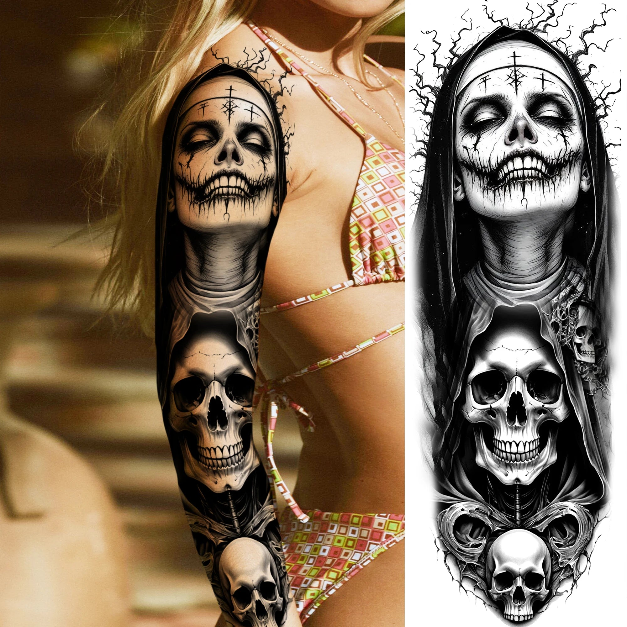 1 Sheet Full Arm Leg Robber Joker Gangster Temporary Tattoos Long Large Bad Guy Nun Fake Tattoo Sleeve Waterproof  Tatoo Sticker