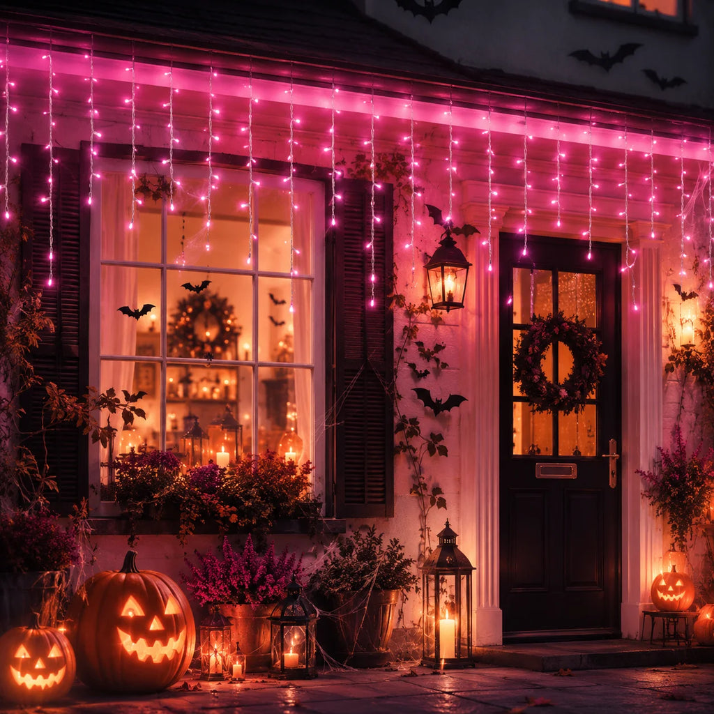 Halloween Lights USB Pink Icicle String Lights 6M 100LED/10M 200LED 8 Modes for Roof Eaves Window Porch Haunted House Decor