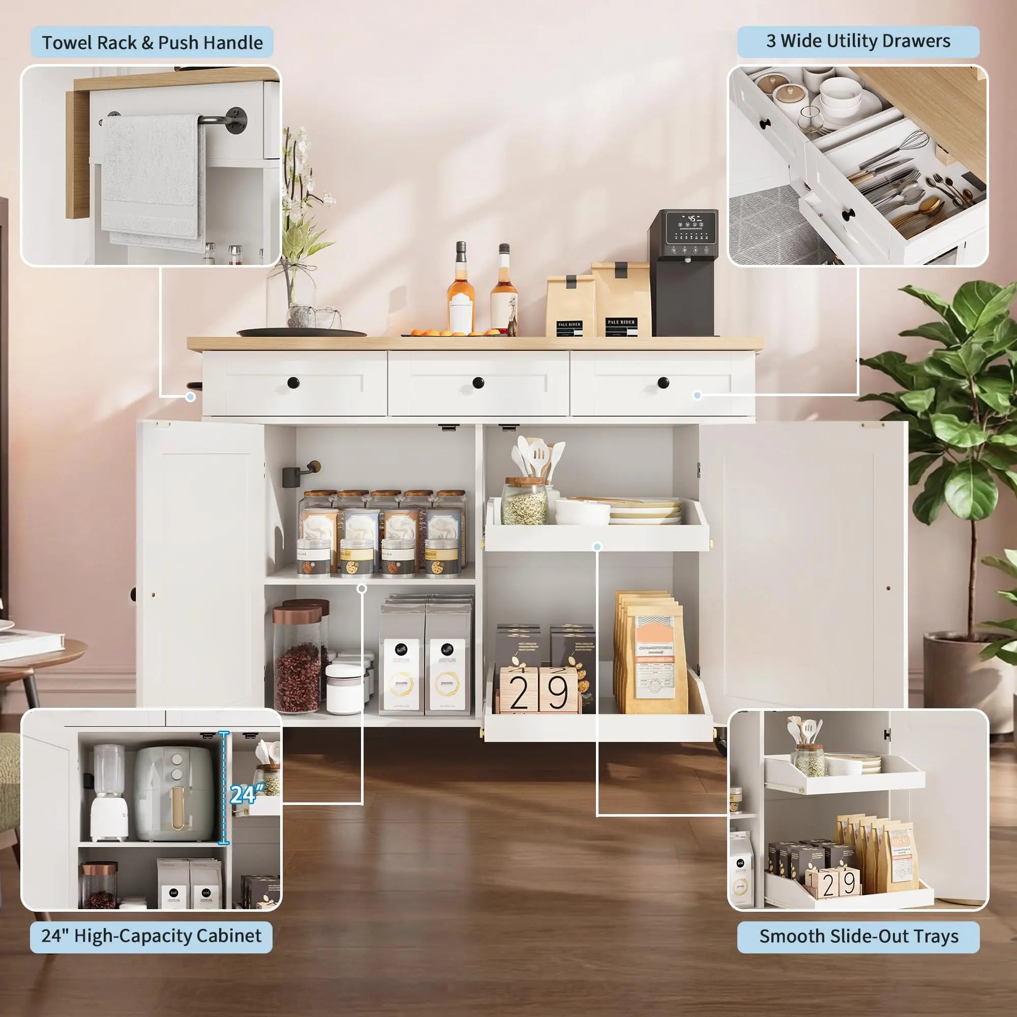 47.2 Inch Rolling Kitchen Island With Drop Leaf, Charging Station, Locking Wheels, Pull-Out Shelves, Drawers, Spice Rack & Storage