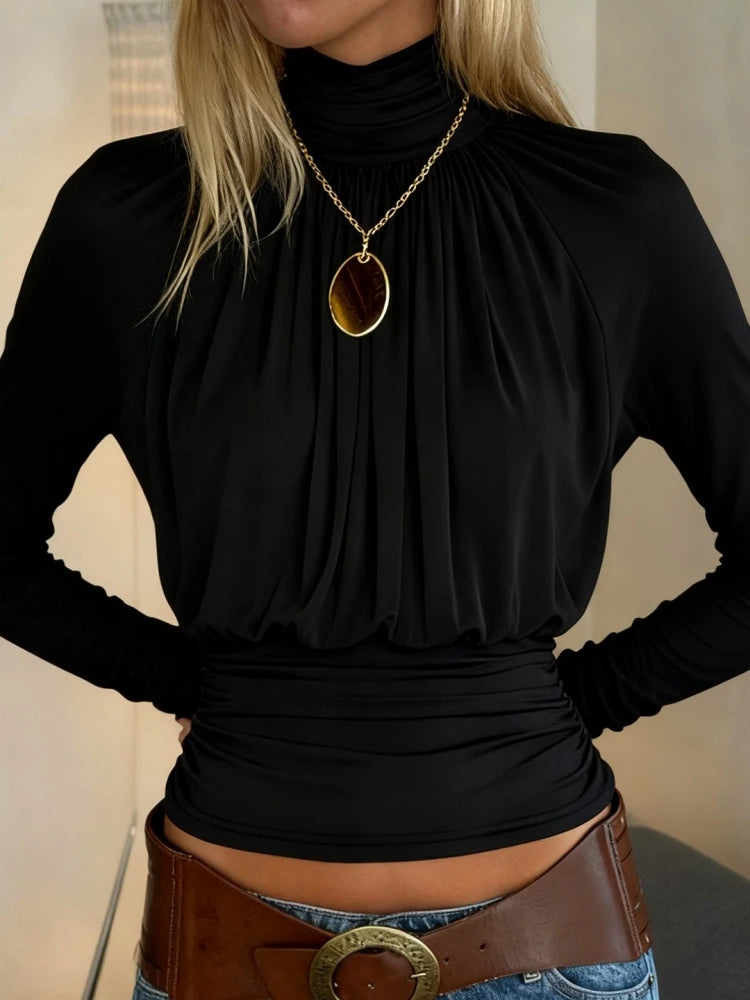 Solid Black T-Shirts for Women Elegant Clothes Turtleneck Camisetas Lady Tops Long Sleeve Ropa De Mujer Shirring Feminist Shirt