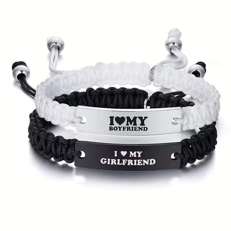 2 Pcs Handmade White Black Braided Rope Bracelet Set Adjustable Stainless Steel Couple Bracelets Valentine's Day Gifts