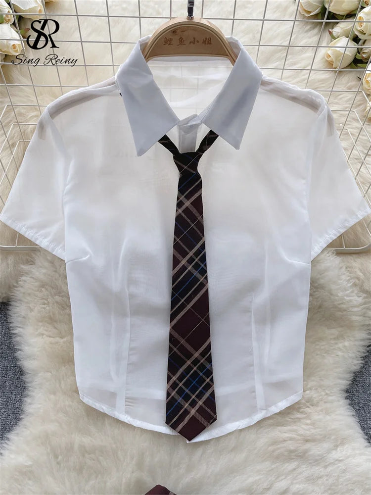 SINGREINY Plaid JK Uniform Erotic Suits Lingerie Female Short Sleeve Blouses+Pleated Skirts Suits Women Cosplay Sheer Sexy Sets