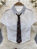 SINGREINY Plaid JK Uniform Erotic Suits Lingerie Female Short Sleeve Blouses+Pleated Skirts Suits Women Cosplay Sheer Sexy Sets