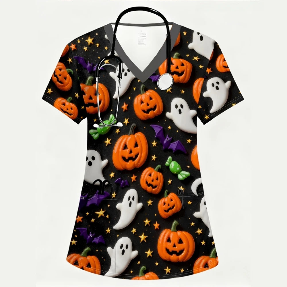 Women's Scrub Top Halloween Pumpkin Black Cat Ghost Print V-Neck Short Sleeve Pockets Medical Uniform Nurse Hospital Workwear