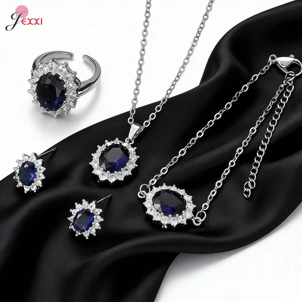4Pcs Luxury Jewelry Set For Women Oval Cut Red Blue Purple Green Zircon Necklace Earrings Bracelet Ring 925 Silver Fashion Gift