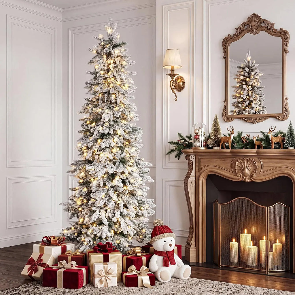 Garvee 6/7ft Pre-Lit White Snow Flocked Slim Pencil Christmas Tree PVC Realistic Tree with Metal Stand Flame Retardant Space Saving Holiday Decor Snow-Flocked Drooping Branches, 8 Light Functions, Slim Pencil Shape