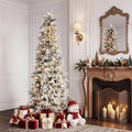 Garvee 6/7ft Pre-Lit White Snow Flocked Slim Pencil Christmas Tree PVC Realistic Tree with Metal Stand Flame Retardant Space Saving Holiday Decor Snow-Flocked Drooping Branches, 8 Light Functions, Slim Pencil Shape