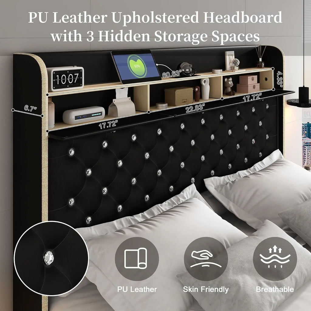Led Bed Frame with Galaxy Aurora Star Projector, Platform Beds with Charging Station, 52" Diamond Upholstered, Customized