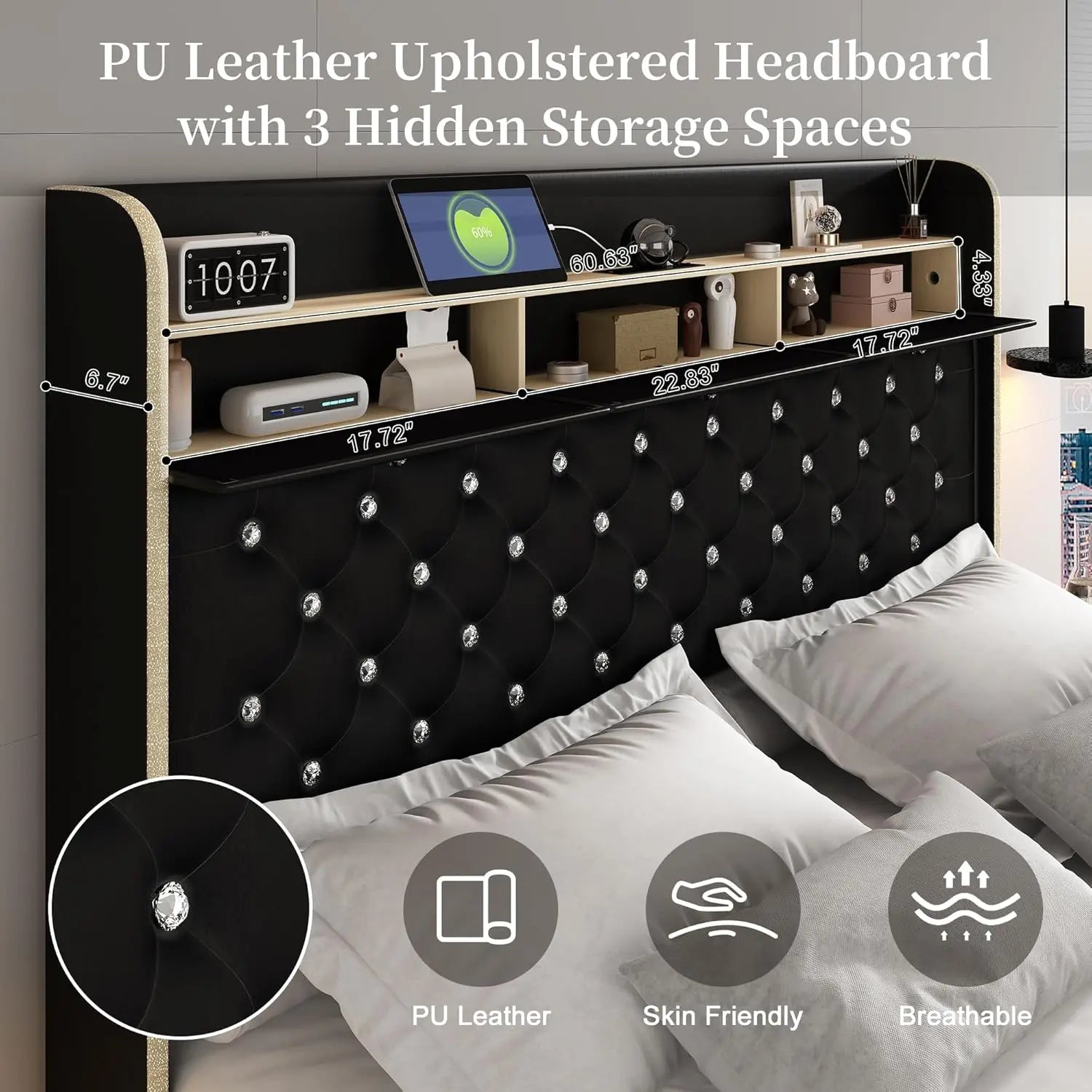 Led Bed Frame with Galaxy Aurora Star Projector, Platform Beds with Charging Station, 52" Diamond Upholstered, Customized