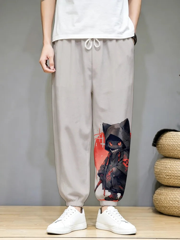 Men's Clothing Japanese Long Pants Vintage Frog In Kimono And Unhappy Cat Art Print Trousers Loose Drawstring Waist Sweatpants