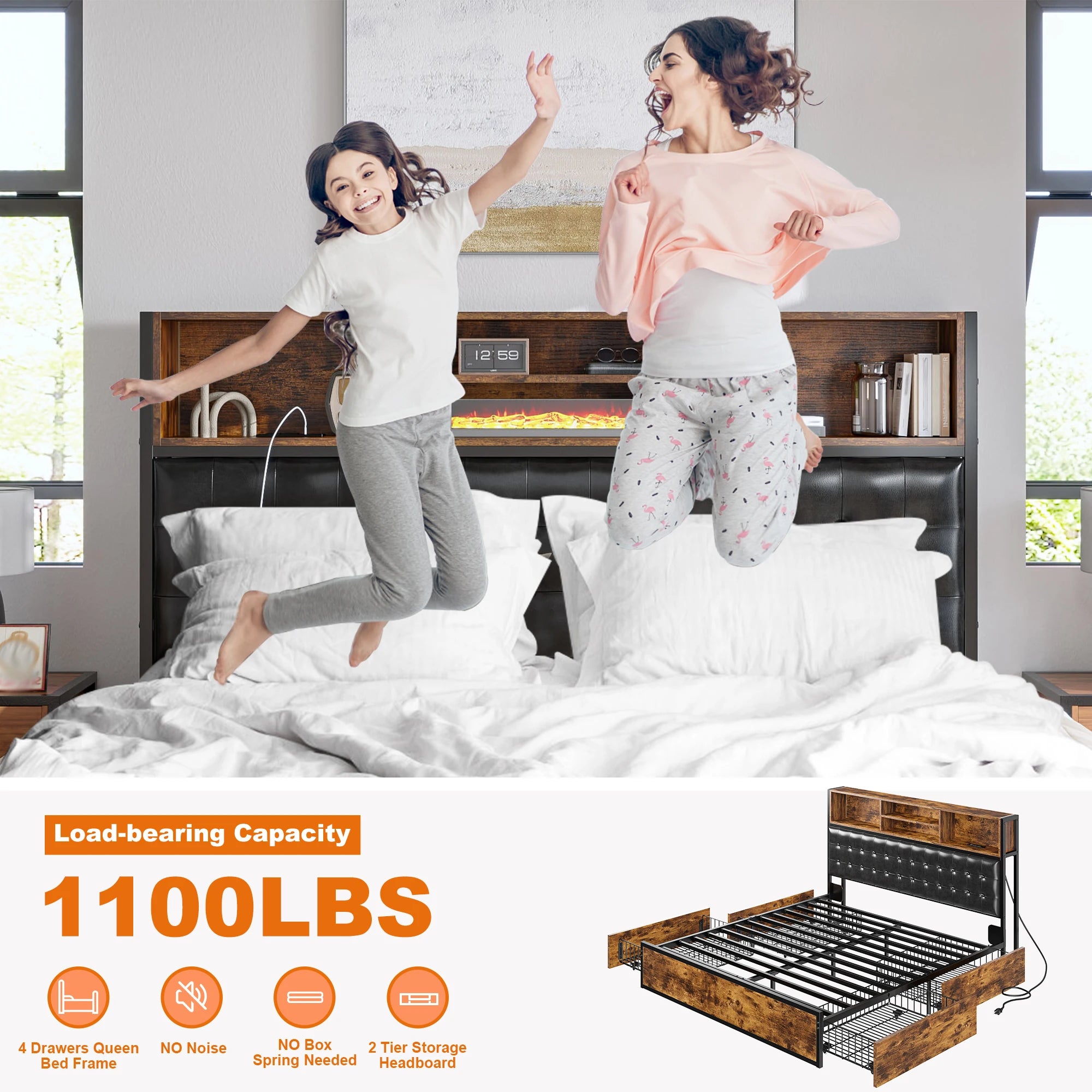 EnHomee Full/Queen/King Bed Frame with Charging Station and 4 Storage Drawers Platform Bed Frame with Upholstered Headboard No Noise