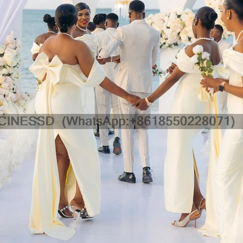 Customized Sheath Ivory Bridesmaid Dress with Bow Off Shoulder Evening Prom Formal Party Birthday vestido boda invitada mujer